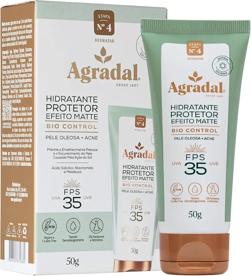 Agradal, Hidratante Protetor Efeito Matte Bio Control para Pele Oleosa e Acneica com FPS 35 UVA/UVB, 50g, Branco
