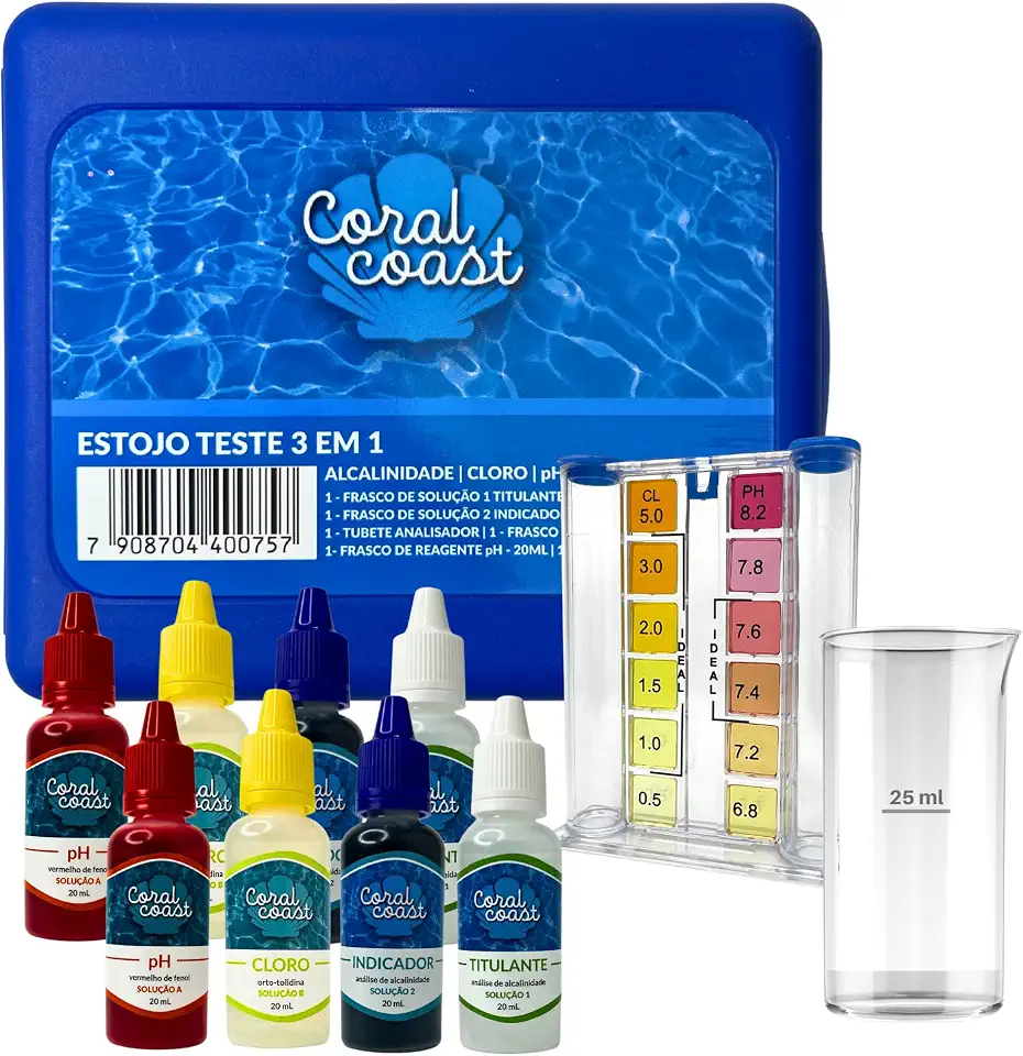 Estojo Medidor 3 em 1 PH Cloro e Alcalinidade + 4 Reagentes Extras CORAL COAST Kit Limpeza Manutenção Piscina
