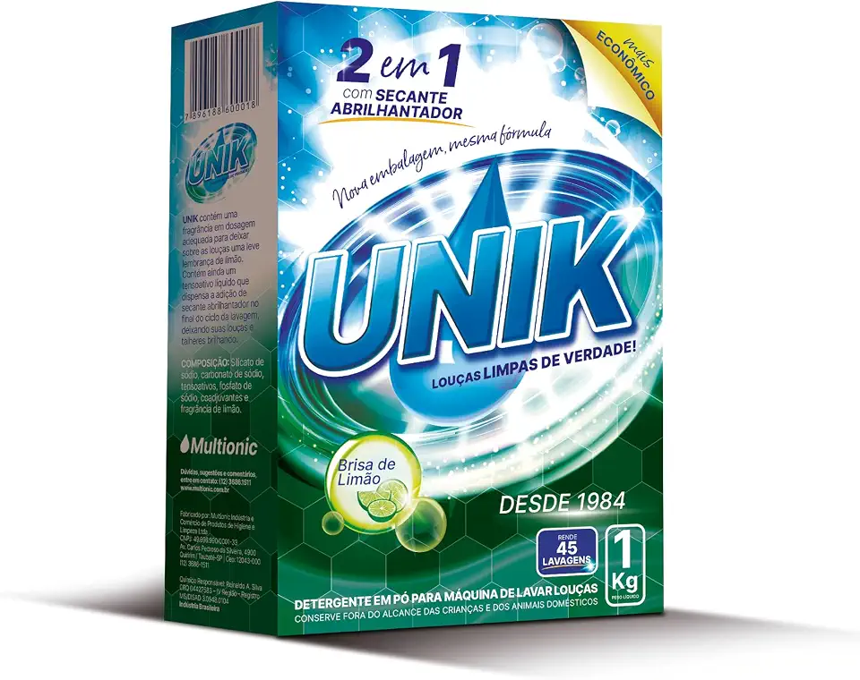 UNIK Detergente em Pó para Máquina de Lavar Louças, Brisa de Limão, 2 em 1 com Secante Abrilhantador, 1 Kg