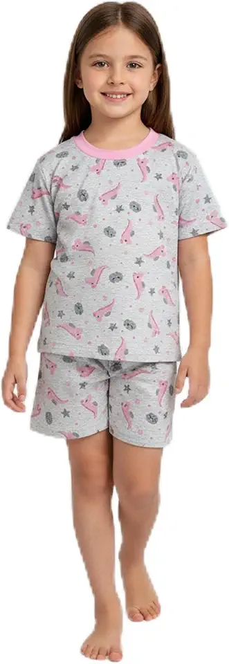Conjunto Pijama Infantil Menina Verão 100% Algodão - Dinossauros Fofos e Nuvens - Conforto e Diversão do Tamanho 2 ao 8!
