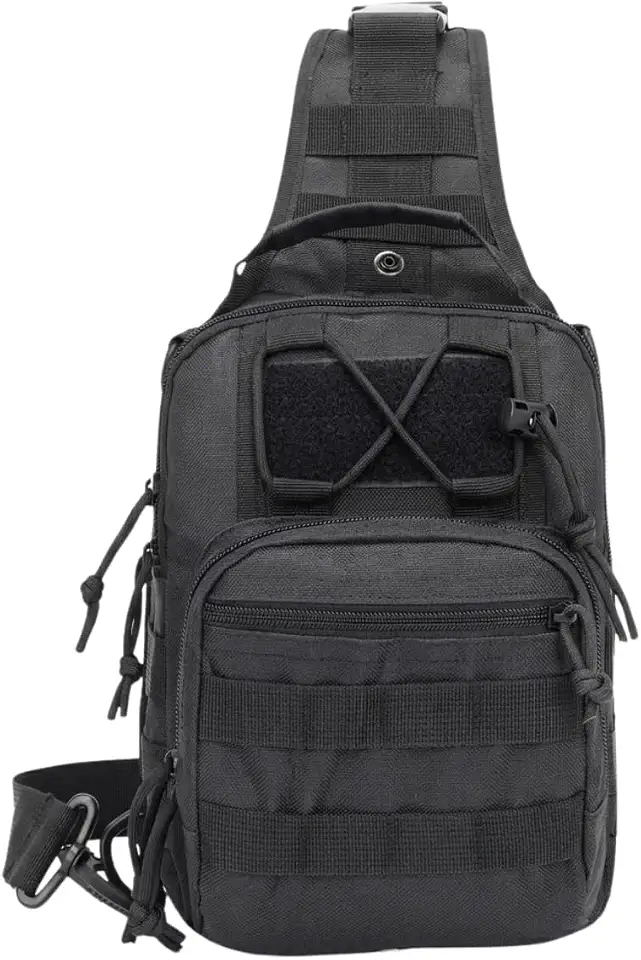 Bolsa Tática Militar Pochete Transversal Oxford Reforçada Unissex Multiuso Camuflada Shoulder Bag de Peito Moto Trilha Camping Motoboy 27,5x21x9 cm (Preto)