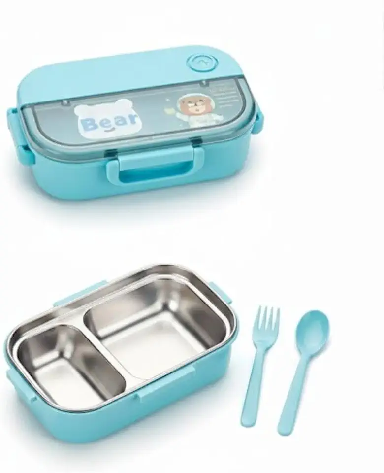 Lancheira Térmica Infantil Hermética, Aço Inox 304, Livre de BPA, 700ML, com Alças de Vedação, Talheres Inclusos (Azul Bear)