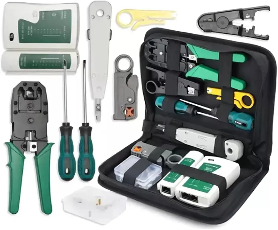 Kit Ferramentas Rede Informática 10 em 1 com Alicate Crimpar RJ45 e Testador LAN – Conjunto Manutenção Internet Computador com Estojo Maleta Bolsa Técnico de Informática Profissional Premium