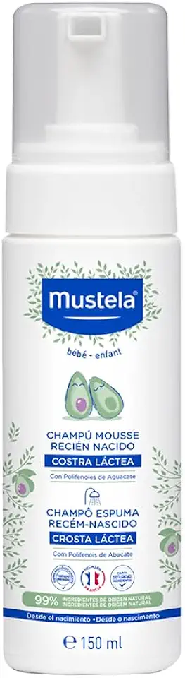 Mustela Shampoo Recém-Nascido 150 ml - Xampu textura Espuma, Previne e Elimina a Crosta Láctea dos Bebês - Vegano, feito com 99% de ingredientes de origem natural - Mustela Bebê e Criança