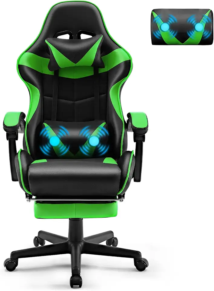 Soontrans Cadeira de jogos Massagem Poltrona para jogos com apoio para os pés e apoio de cabeça e almofadas de massagem para as costas, apoios de braços acolchoados, Cadeira de jogos ergonómica para