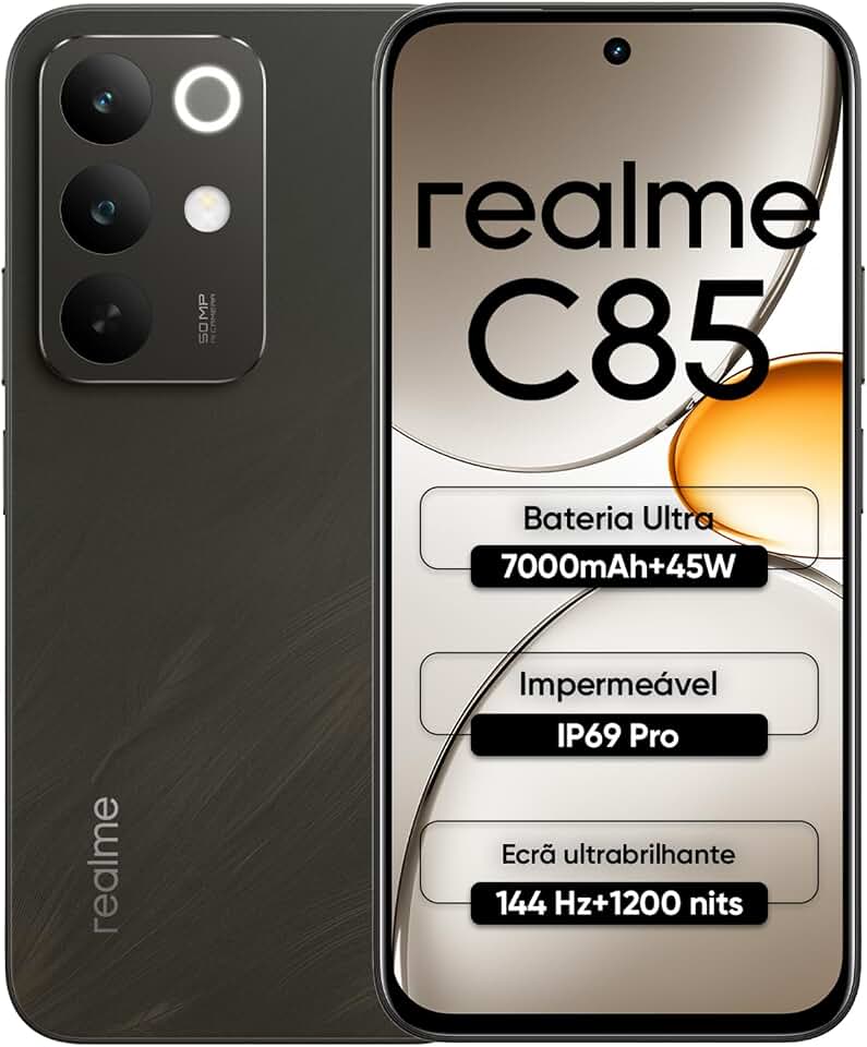 Celular Realme C85, 6GB RAM 128GB ROM Tela de 6.8" 144Hz 7000mAh Batteria 45W, IP69, 50MP Camera Dual 4G SIM (Preto)