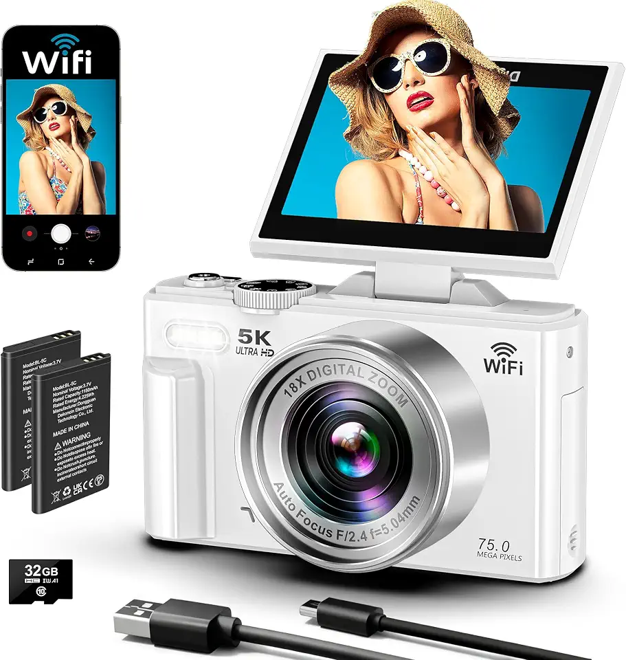 Câmera digital, vídeo de 5k, câmera de 75 megapixels, transmissão Wi-Fi, foco automático, tela giratória de 180 graus, zoom digital de 18x, cartão SD de 32G,câmera compacta,vlog,fotográfica Branco