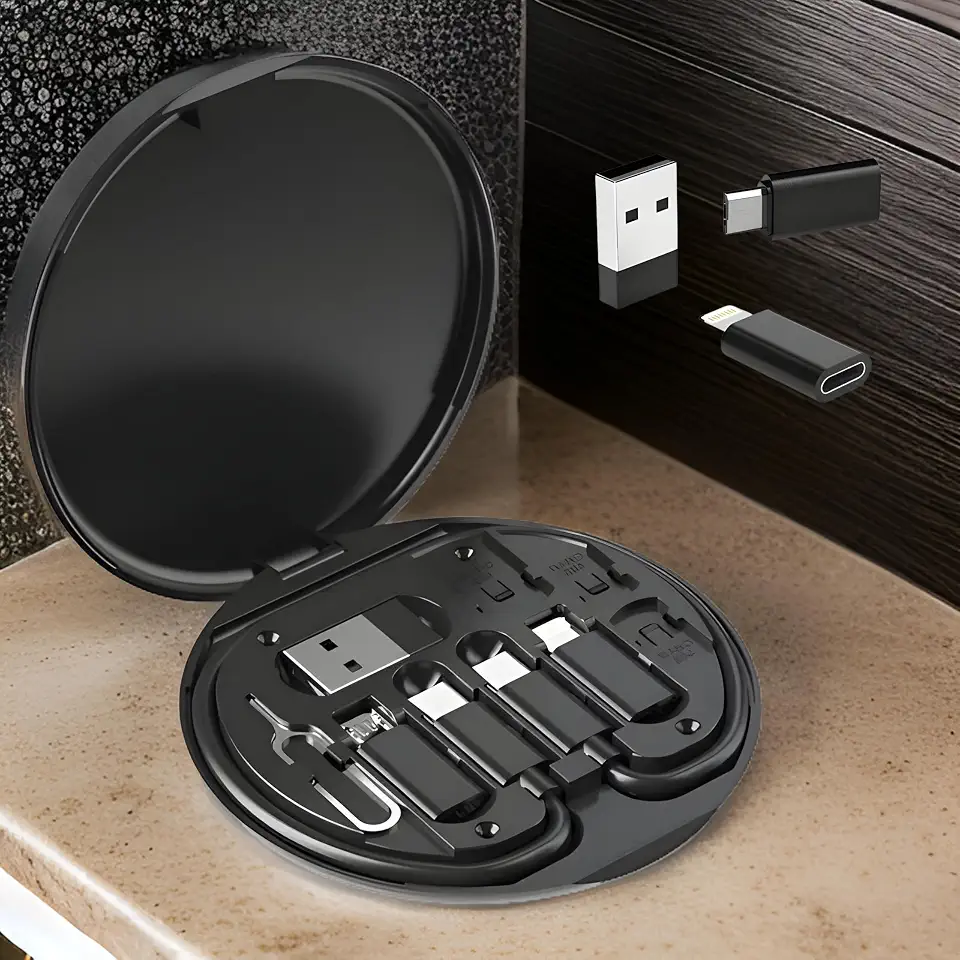 Kit Adaptador Universal Premium 5 Em 1, USB, Tipo-C, Micro USB, Lightning, Carregamento Rápido 60W, Chave P/SIM, Portátil E Compacto, Marca VARENZIA