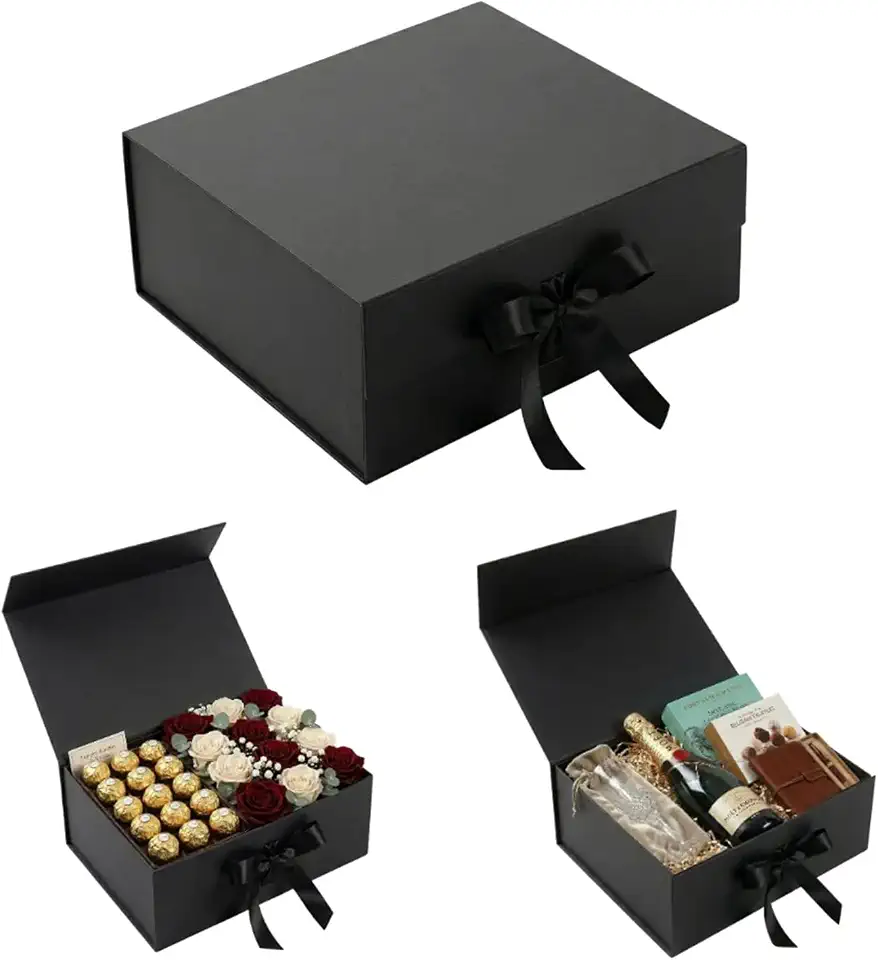 Caixa Presente Preta Dobrável 22×16×9cm Caixa de Papel Cartão com Fita e Montagem 2 Tamanhos para Embalagem de Brindes Lembrancinhas de Festas e Itens Decorativos (Pequeno)