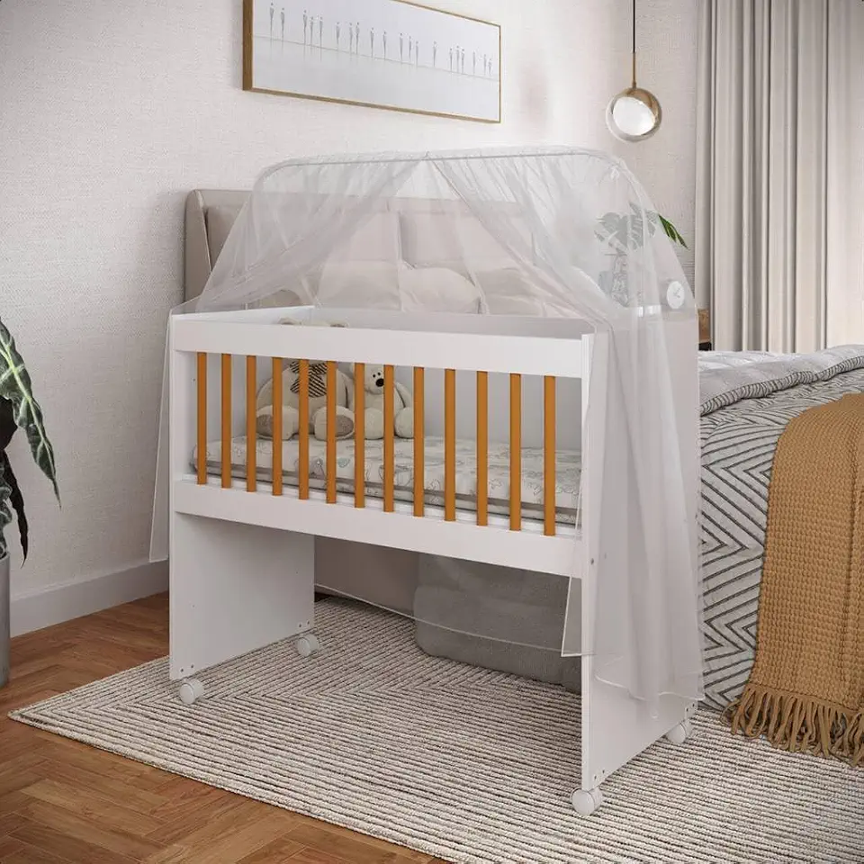 Mini Berço Infantil Com Rodinhas Colchão Impermeável Criança Certificado Inmetro (Branco/Freijó)