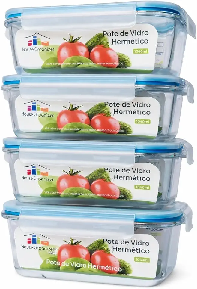House Organizer KIT 4 Potes de Vidro Retangular com Tampa Hermética 1040ml Cor:Azul