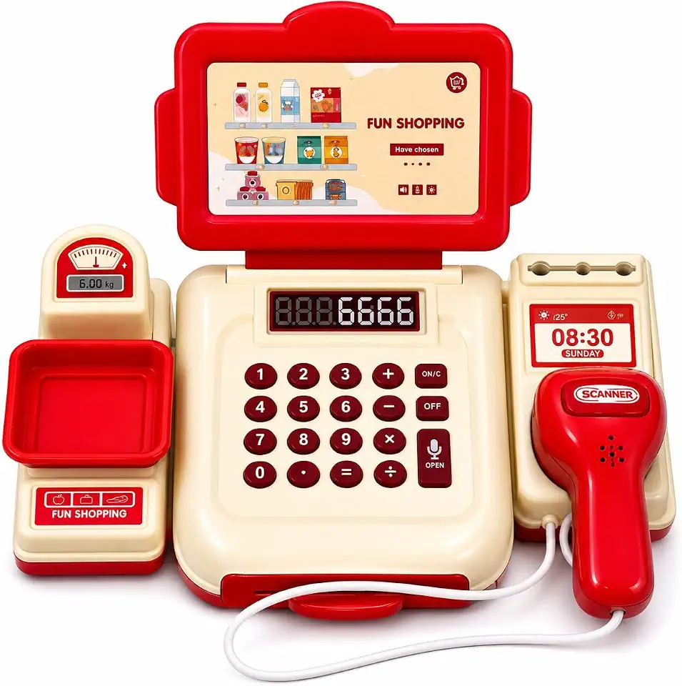 Caixa Registradora Infantil Com Scanner Funcional, Luzes, Sons, Gaveta Que Abre, Cartão De Crédito E 12 Cédulas De Brinquedo, Mercadinho Faz De Conta, Vermelha