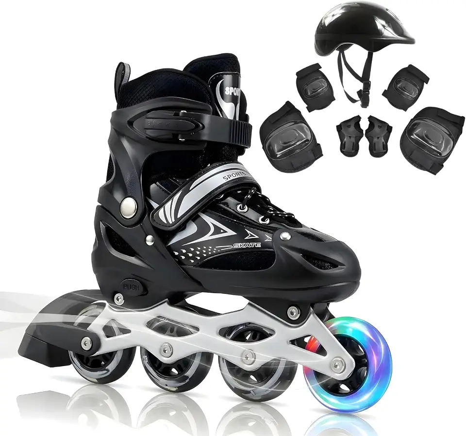 Patins Inline Ajustável 4 Rodas com Kit de Proteção, Capacete e Rodas com Luz LED, para Iniciantes, Uso Interno e Externo