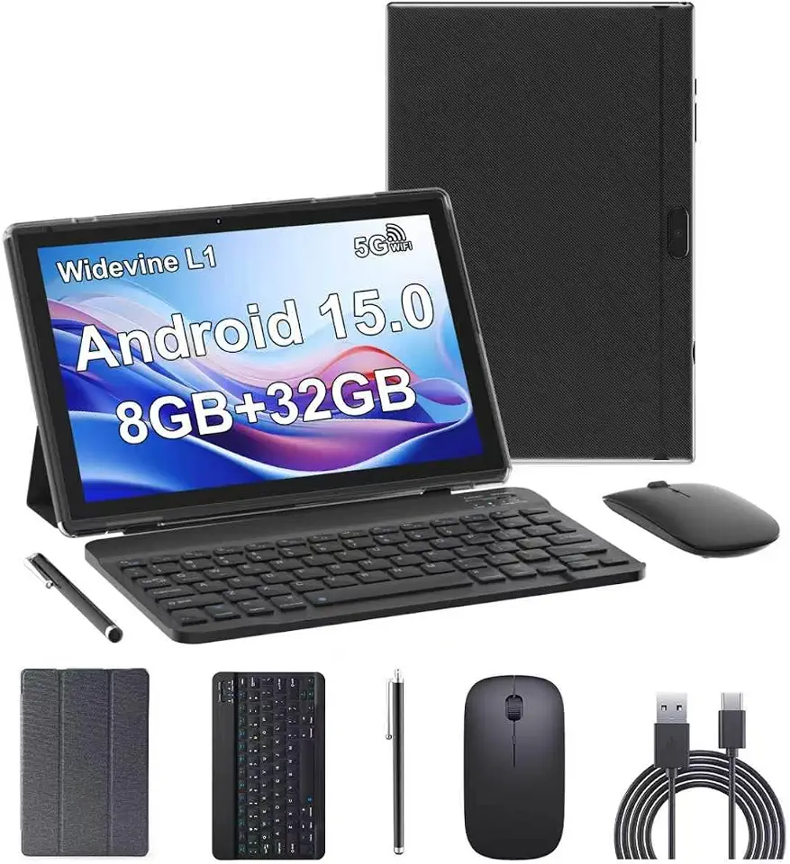 Tablet Android 15, tablets de 10 polegadas, 8 GB de RAM + 32 GB de ROM/2 TB expansível, tablets 2 em 1 com capa para teclado, tela IPS 1280 x 800, 5G Wi-Fi6, câmera dupla, bateria de 6000 mAh BT5