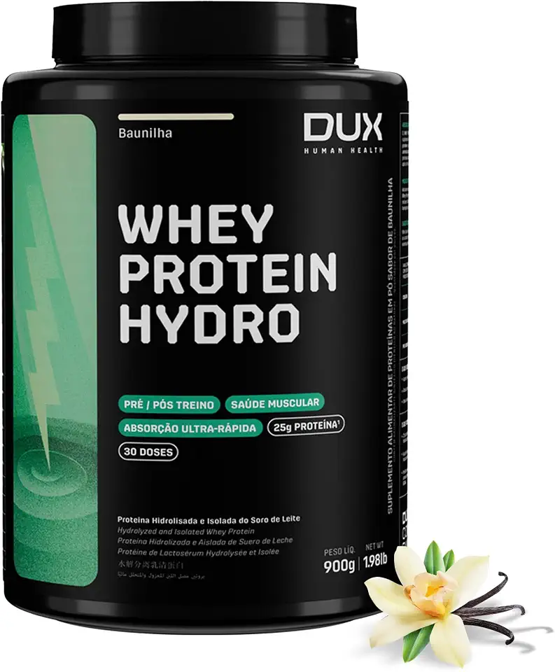 DUX HUMAN HEALTH Whey Protein Hydro 900g Baunilha – Absorção Rápida, Baixo Teor de Lactose, Suporte para Ganho Muscular