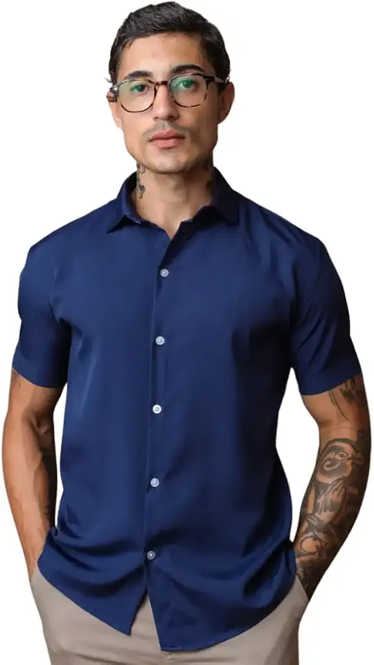 Camisa Masculina Gola Italiana Manga Curta Leve Elegante para Trabalho e Passeios, Tecido Fresco Passa Facil