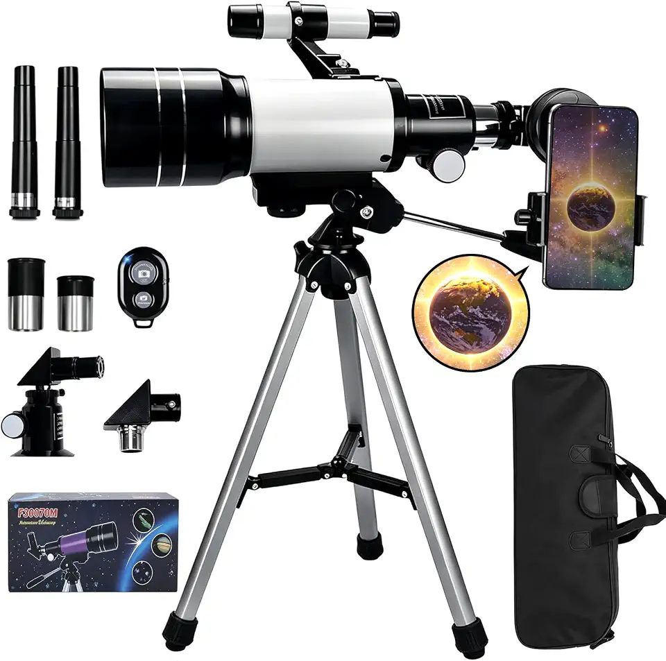 Telescopio Astronomico Profissional, Telescópio Portátil Refrator de 70 MM de Abertura (15x-150x) para Viagens, com Remoto Sem Fio
