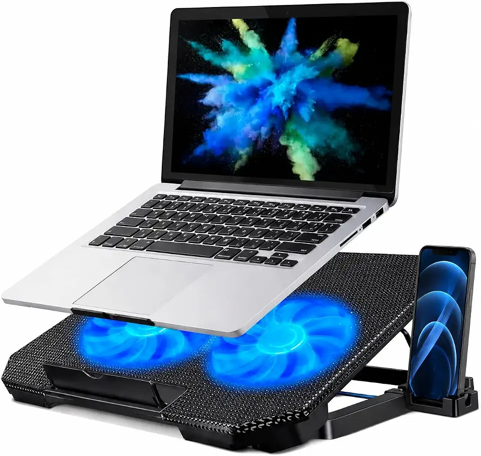 Base Suporte para Notebook até 17" com Cooler Duplo Ultra Silencioso, LED Azul, 8 Níveis de Altura, USB Extra – Refrigeração Potente e Conforto Ergonômico