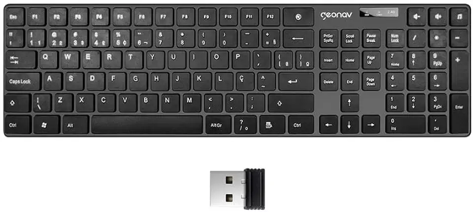 Geonav Teclado sem fio, 108 teclas, Alfanúmerico, Padrão ABNT2, Teclas baixas e macias, Ergonômico com inclinação, Indicador de bateria, OFTCW01, Preto