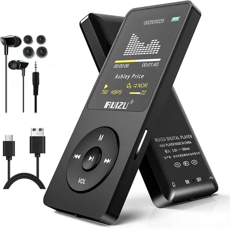 Leitor de MP3 RUIZU X02, 16 GB, reprodutor de música ultrafino, bateria de longa duração, rádio FM, gravador de voz, reprodução de vídeo, leitura de texto, reprodução de 80 horas e expansível até 128 GB (preto)
