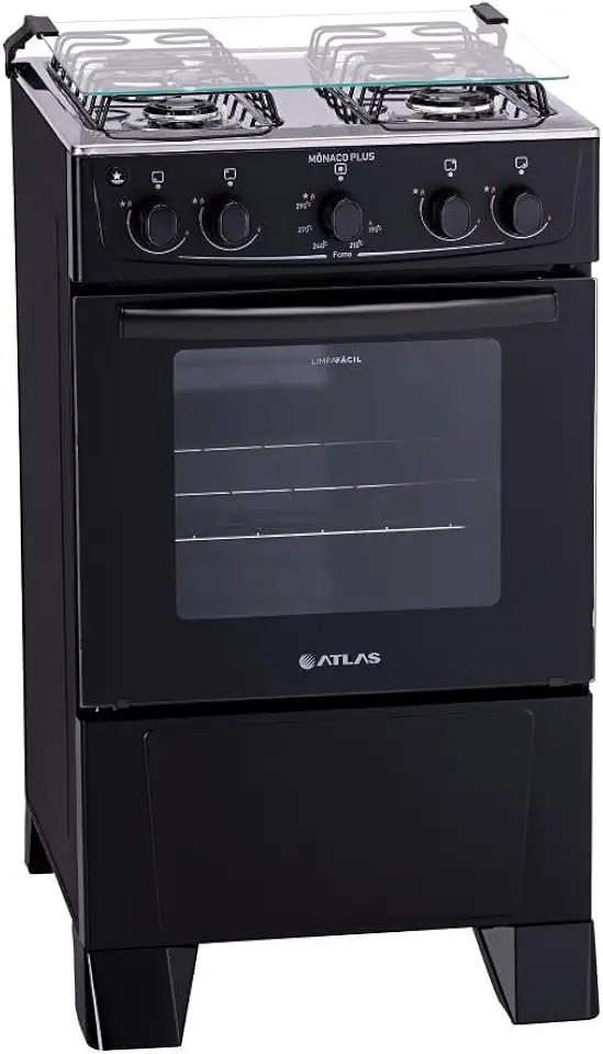 Fogão 4 bocas Atlas Mônaco Plus Preto com Acendimento Automático e Mesa Inox