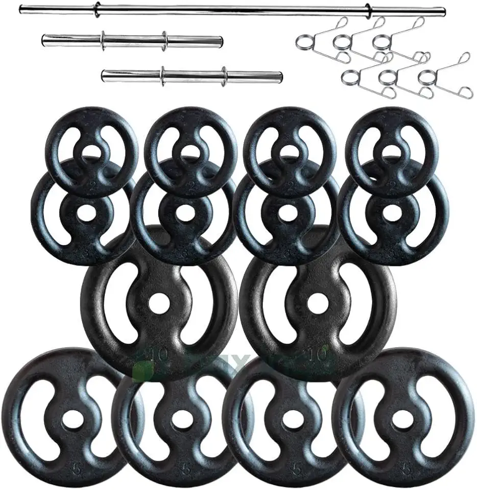 Kit Anilhas Ferro Fundido 60 Kg + Barras com Presilhas