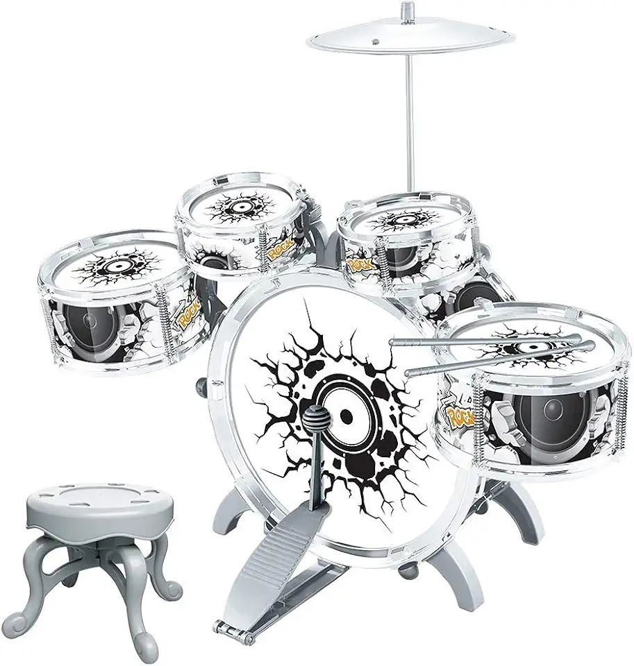 BH Store Bateria Infantil Rock N' Roll com Banquinho e Baqueta Branca