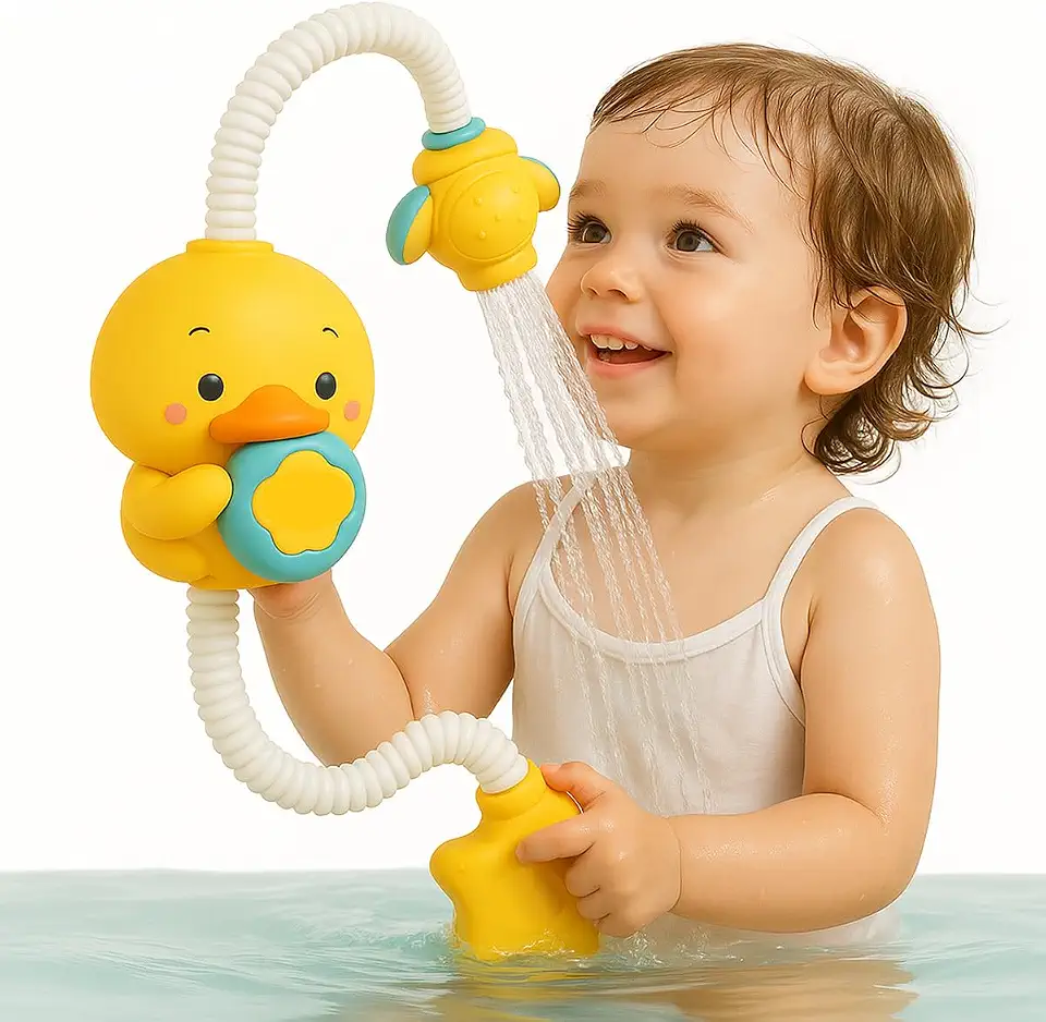 Chuveirinho Infantil Patinho com Bomba D’Água Brinquedo de Banho Bebê Jato Ajustável Ventosa Cano Flexível Banheira Meninos Meninas