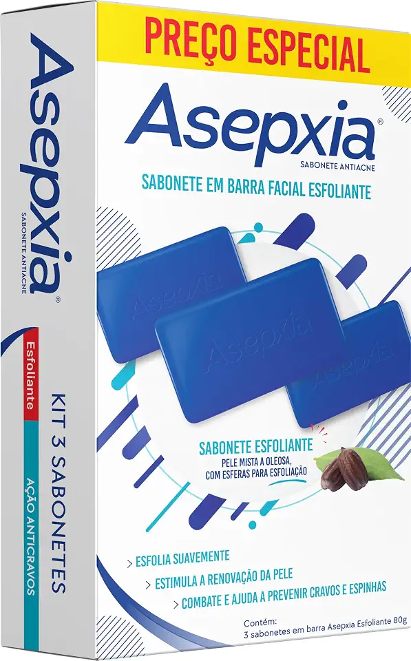 Asepxia Kit Sabonete Em Barra Facial Esfoliante Antiacne Para Pele Oleosa, Limpeza Profunda Com Microesferas Naturais, Remove Cravos E Controla A Oleosidade, 80g, 3-Pack