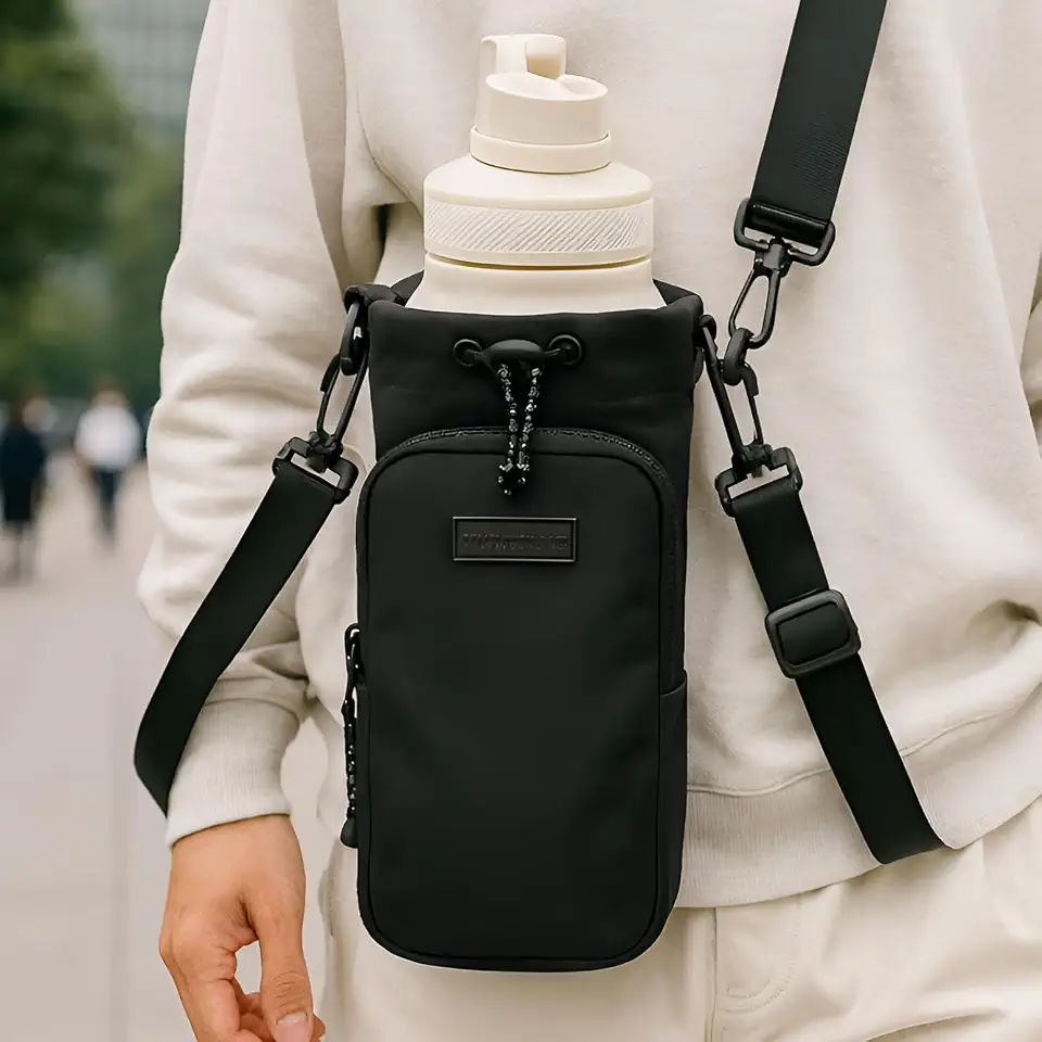Bolsa Porta Garrafa Térmica Premium Impermeável, Alça Ajustável E Removível, Nylon Reforçado, Com Bolso Frontal, Ideal Para Garrafas De 500ml A 1L, Marca VARENZIA