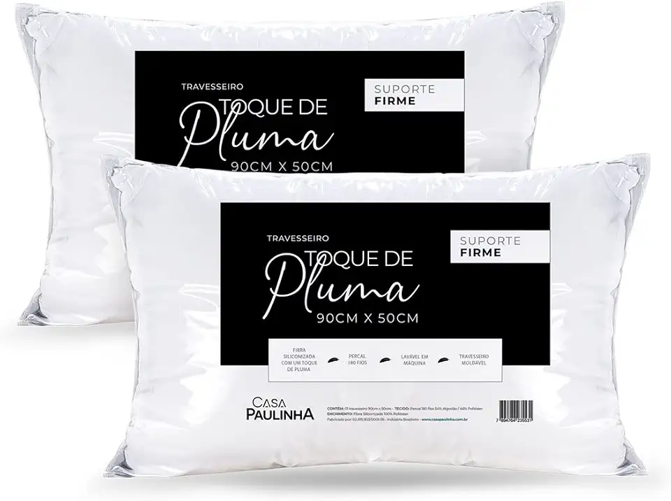 Kit 02 Travesseiros Toque de Pluma King Ganso Percal 180 Fios 90x50cm Lavável em Máquina, Antiácaro, Antialérgico