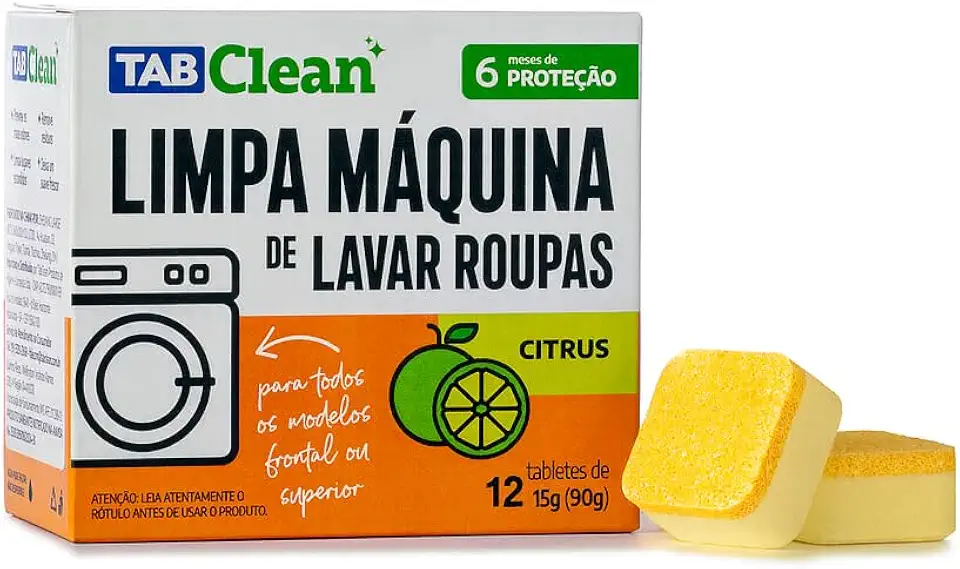 Limpa Máquina de Lavar Roupas em Tabletes TabClean 12 Unidades 180g Higienização Profunda para Todas as Máquinas (Citrus)