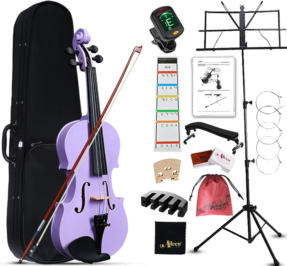 Aileen Violino 4/4 tamanho completo para adultos iniciantes, kit iniciante violino roxo para estudantes a partir de 12 anos, incluindo suporte de música, adesivo de dedo novo exclusivo, mudo