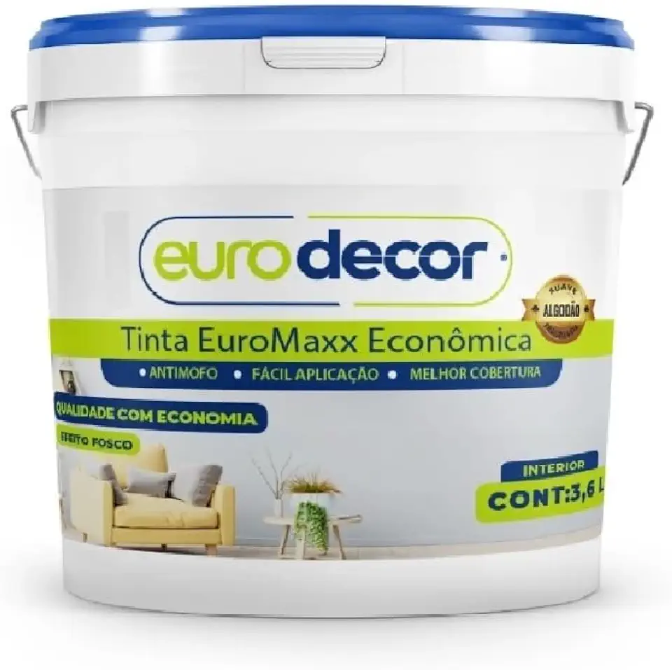 Tinta Acrílica Econômica Euromax 3,6L Branco Acabamento Fosco Anti-mofo | Uso para Parede Interna e Exelente Cobertura de até 14m2