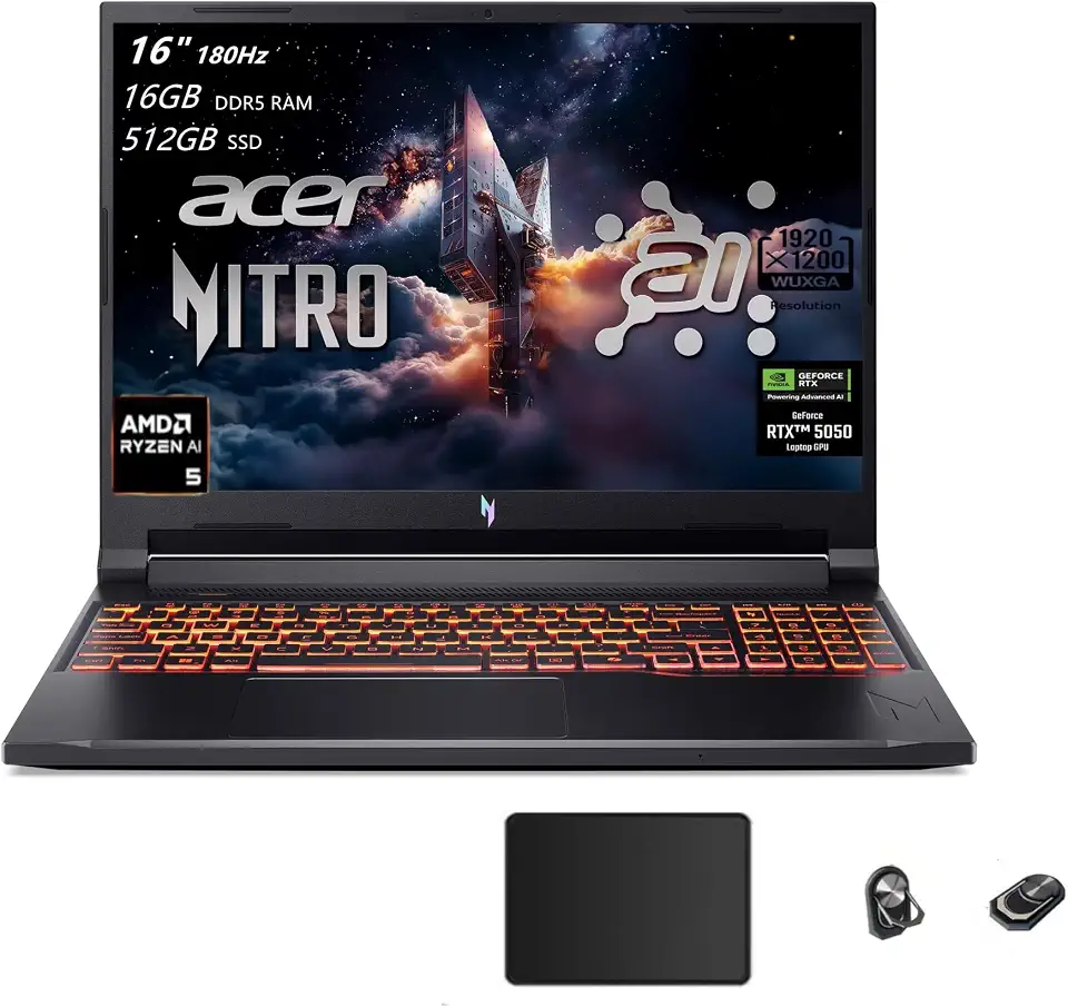 Acer Laptop para jogos Nitro V 16 AI, tela WUXGA IPS 180Hz de 16 polegadas, AMD Ryzen AI 5 240, NVIDIA GeForce RTX 5050 8 GB GDDR7 VRAM (até 440 tops AI), 16 GB de RAM, 512 GB, KB retroiluminado