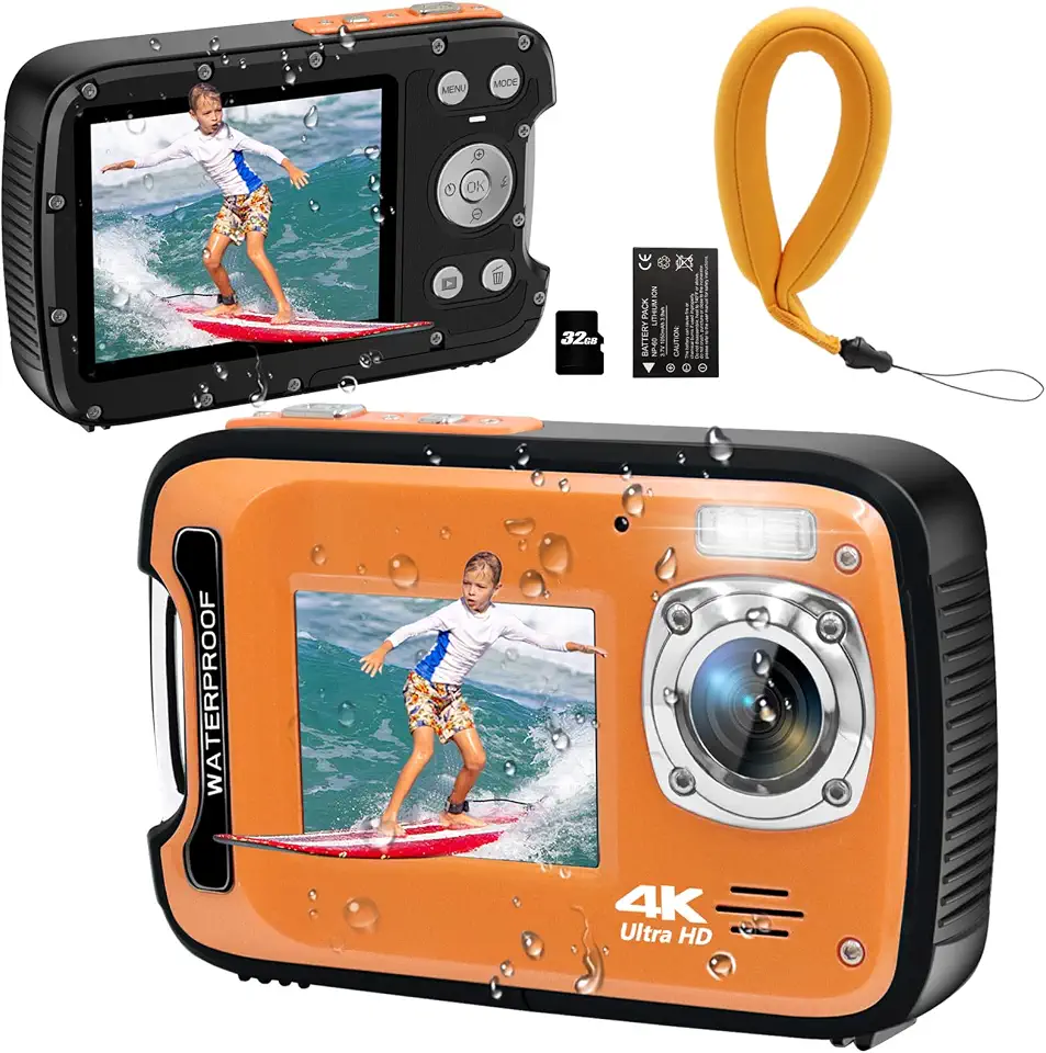 Câmera subaquática 4K 48MP autofoco selfie tela dupla à prova d'água com alça flutuante e cartão de 32 GB, câmera digital compacta à prova d'água de 17 pés para mergulho com snorkel