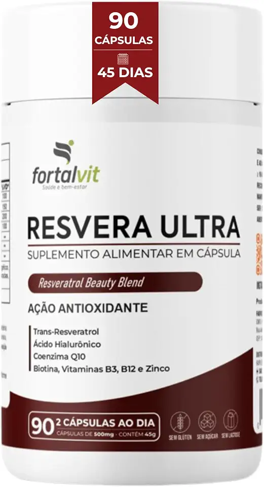 Resvera Ultra - 90 Cápsulas (Longa Duração 45 Dias) Trans-Resveratrol 165mg Alta Absorção + Ácido Hialurônico + Coenzima Q10 + Biotina + Zinco, Fortalvit