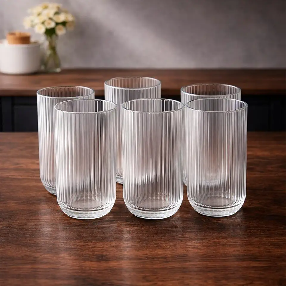 Kit 6 Copos de Vidro Canelado 420ml Transparente Luxo - Mesa Posta Elegante - para Água Suco Drinks Refrigerantes Restaurante Bares e uso diário – Vidro Grosso e Resistente Premium