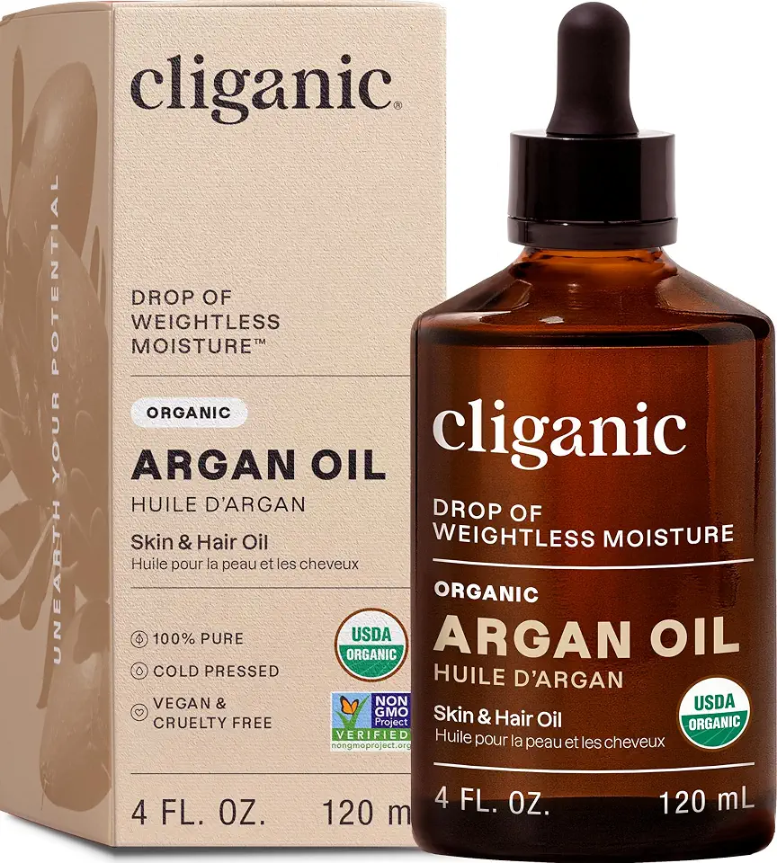 Cliganic Organic Argan Oil, 120 ml - USDA Certified - Pure Single Ingredient - Cold Pressed Body Oil - Non-GMO - Vegan, Cruelty-Free Face Oil - Oil for Hair, Face, and Body - For All Hair/Skin Types