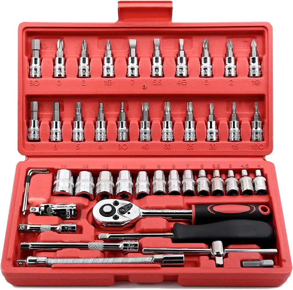 Conjunto com 46 chaves catraca Egofine, soquete de 6,35 mm, com conjunto de soquete métrico e haste de extensão para reparo de automóveis e uso doméstico, com estojo de armazenamento