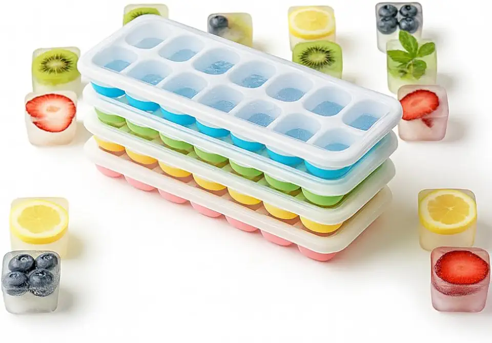 Kit 4 Formas de Gelo Silicone com Tampa Coloridas e Resistentes Premium