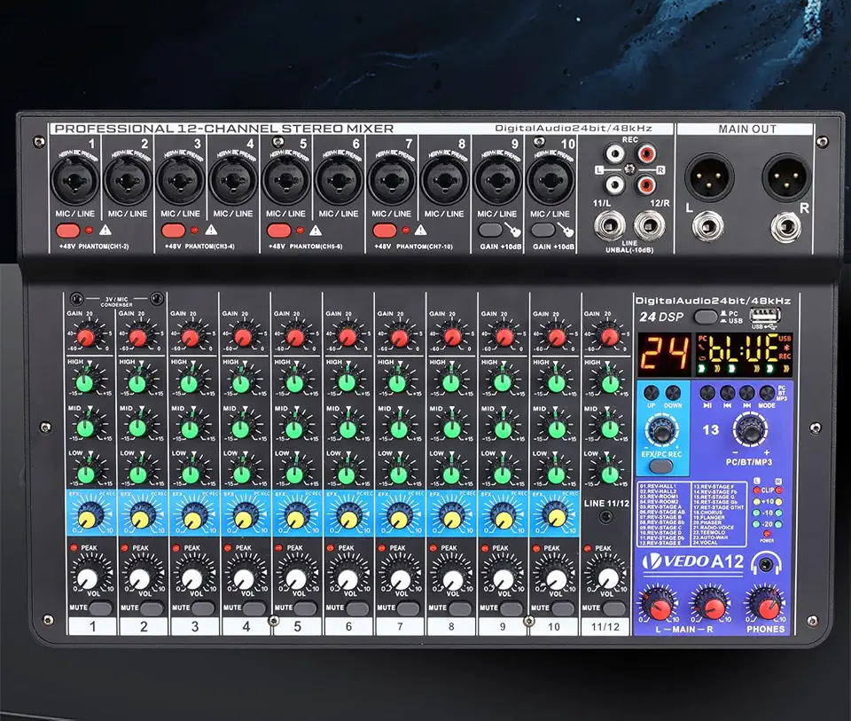 mesa de som,teyun/vedo A12 12 canais digital/número profissional portátil com reverb bluetooth usb interface audio/áudio mixer