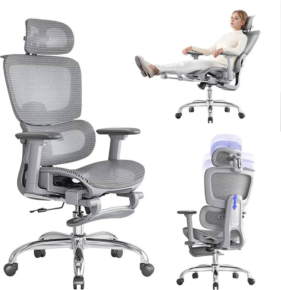 LarkLeaves Cadeira de Escritório com Descanso para os Pés, Cadeira Ergonômica com Encosto de Cabeça 3D, Cadeira Gamer com Encosto Ajustável e Apoio de Braço 3D, Cadeira Presidente, Cadeira Mesh, Cinza