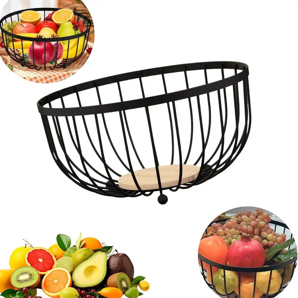 Fruteira de Mesa Aramada Redonda Preta – Cesto de Frutas em Aço Inox Durável