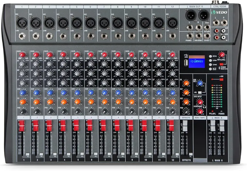 VEDO Mesa de som 12 canals, Small Stage Bluetooth USB MP3, entrada 48V Phantom Power DJ Audio Network Karaoke Mobile Live High Power Mixer Professional 12 Channel Studio Audio Mixer 110V/220V