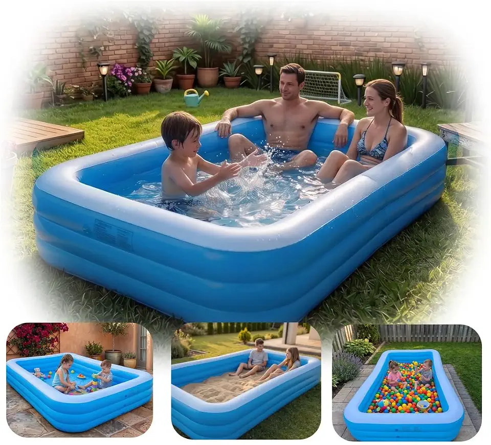Piscina Inflável Retangular 1500 Litros 305cm Reforçada 3 Camadas PVC Resistente Familiar com Válvula de Drenagem
