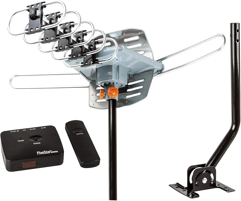 Five Star Antena de TV HD externa mais forte de até 240 km de longo alcance com rotação motorizada de 360 graus, controle remoto infravermelho de rádio UHF/VHF/FM com poste de montagem e cabo coaxial