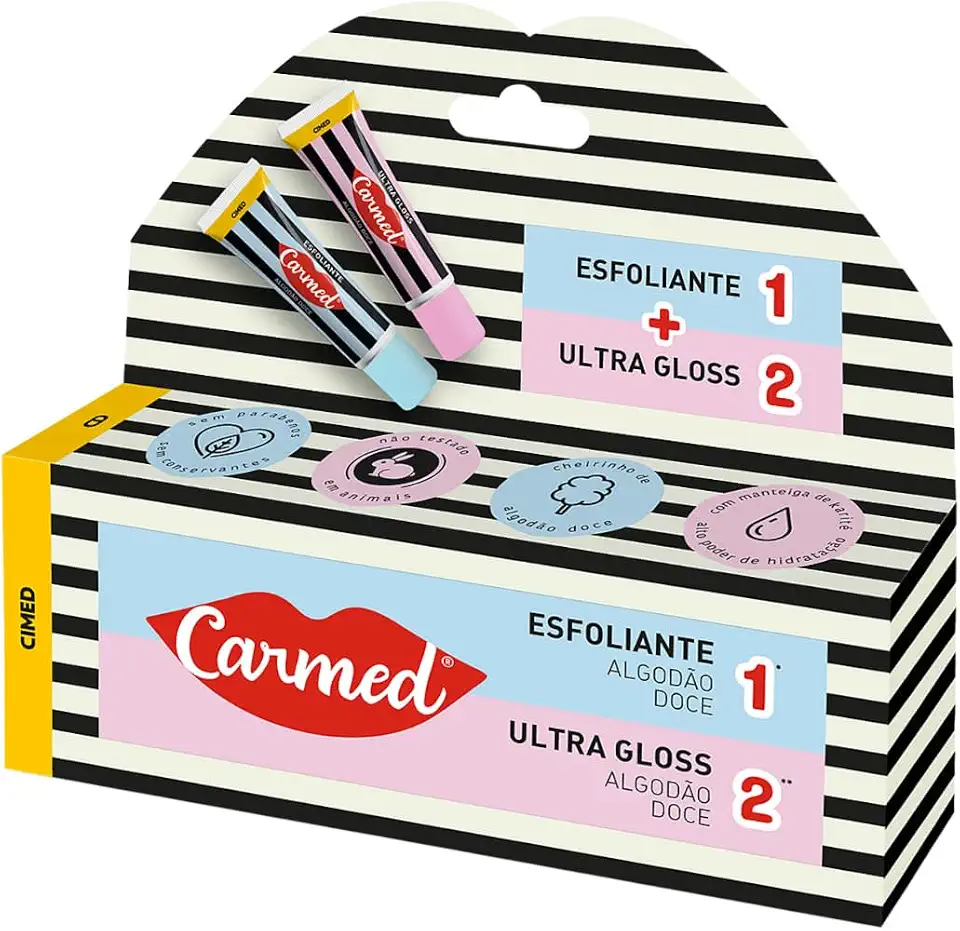 Carmed Kit SOS Lábios Esfoliante + Ultra Gloss Brilho Aroma Algodão Doce 10g Cimed