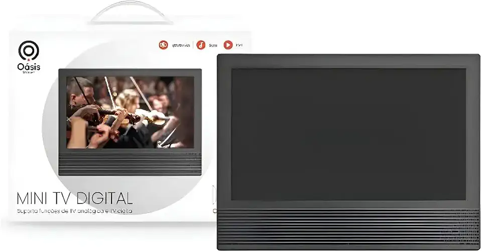 Mini TV Digital Oásis Market 14" OIH-5806 - Bateria 8800mAh, Som 20W, Gravação PVR, TV Analógica e Digital, USB, Cartão TF