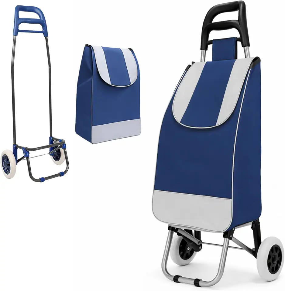Carrinho de Compras Dobrável para Feira, Supermercado, Praia, Camping, com Rodas Reforçadas, Suporta até 30kg, Fácil de Montar e Desmontar (Azul)